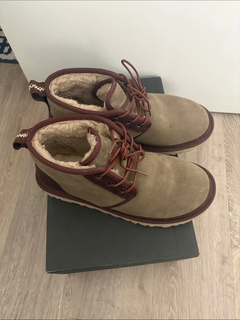 UGG Men's Tan Suede Chukka Boots with Burgundy Accents used twice glue stain